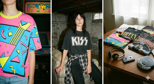 Three panel image showing retro t-shirts: neon geometric 80s Memphis design tee, oversized 90s KISS band t-shirt, and collection of vintage graphic tees with retro accessories